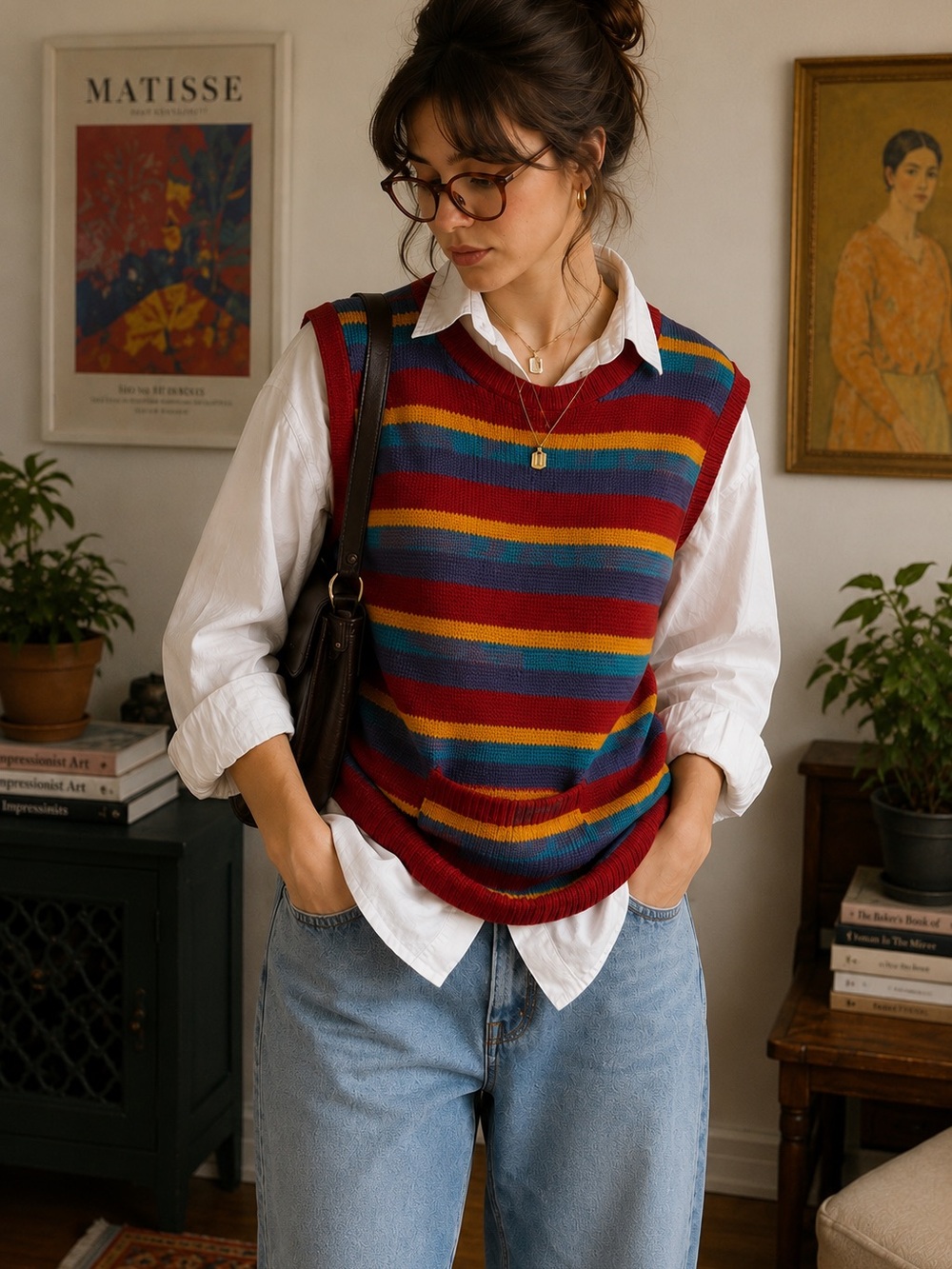Vintage Foxy International 100% Wool Rainbow Striped Sweater Vest Size Medium
